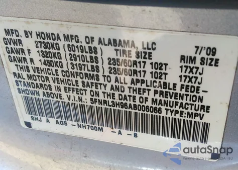 2010 Honda Odyssey Touring from USA, damaged, VIN 5FNRL3H96AB006066
